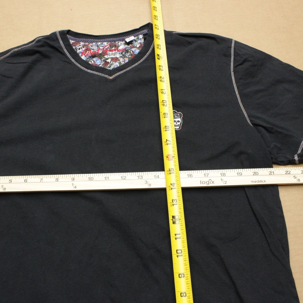 Robert Graham V-Neck T Shirt Mens Sz L Black Solid Embroidered Skull Stitching - Picture 6 of 6